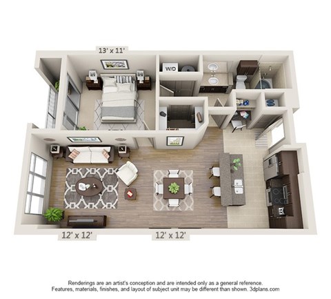 Floor plan for 1 bed, 1 bath, 862 sqft