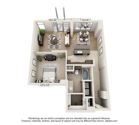 Floor plan for 1 bed, 1 bath, 1002 sqft