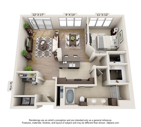 Floor plan for 1 bed, 1 bath, 1020 sqft