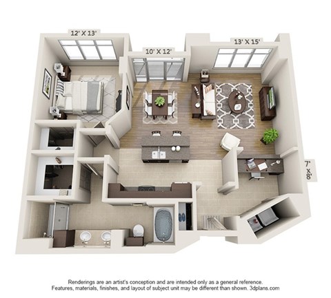 Floor plan for 1 bed, 1 bath, 1067 sqft
