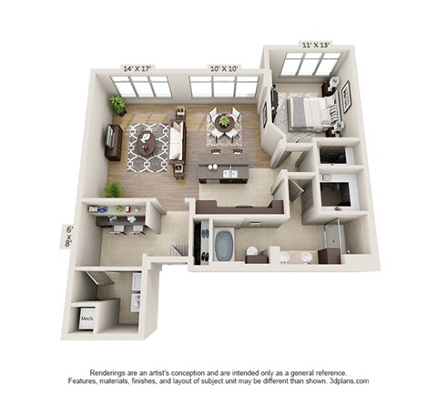 Floor plan for 1 bed, 1 bath, 1102 sqft