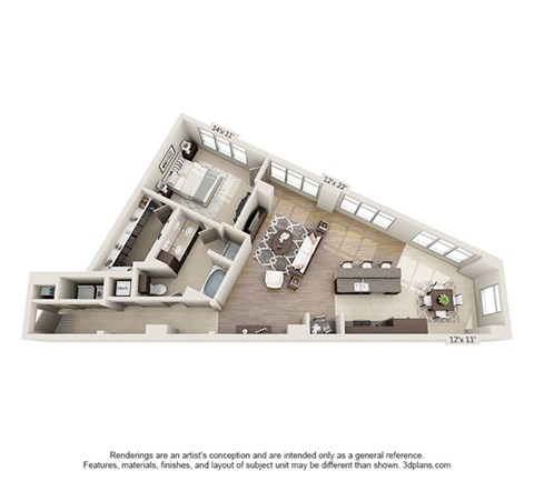 Floor plan for 1 bed, 1 bath, 1231 sqft