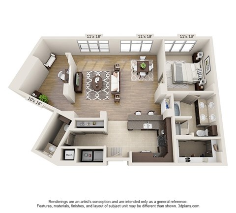Floor plan for 1 bed, 1.5 baths, 1206 sqft
