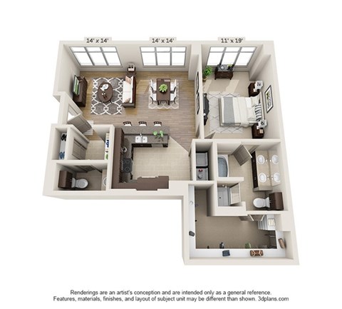 Floor plan for 1 bed, 1.5 baths, 1171 sqft