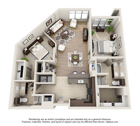 Floor plan for 2 beds, 2 baths, 1271 sqft