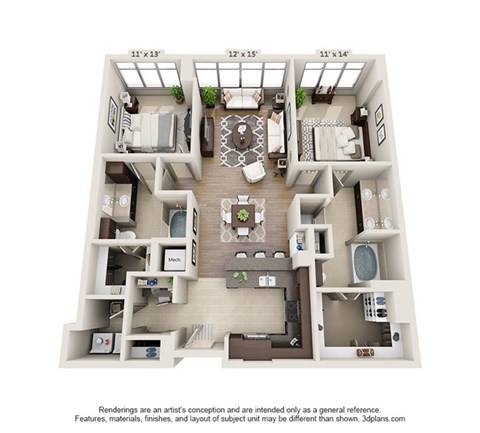 Floor plan for 2 beds, 2 baths, 1315 sqft
