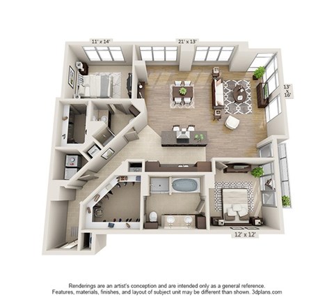 Floor plan for 2 beds, 2 baths, 1665 sqft