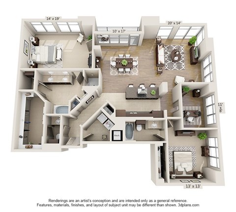 Floor plan for 2 beds, 2.5 baths, 2082 sqft