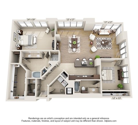 Floor plan for 2 beds, 2.5 baths, 2085 sqft