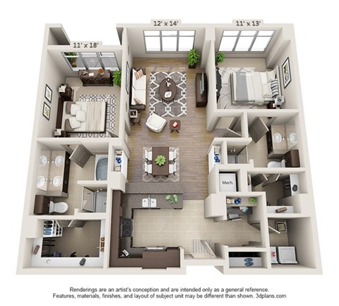 Floor plan for 2 beds, 2 baths, 1295 sqft