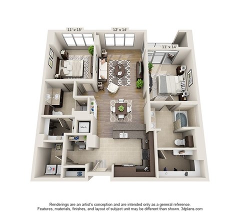 Floor plan for 2 beds, 2 baths, 1295 sqft