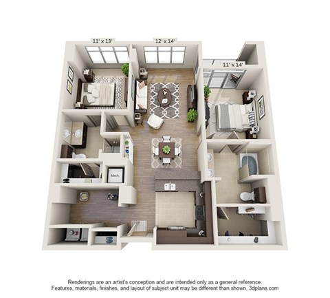 Floor plan for 2 beds, 2 baths, 1295 sqft