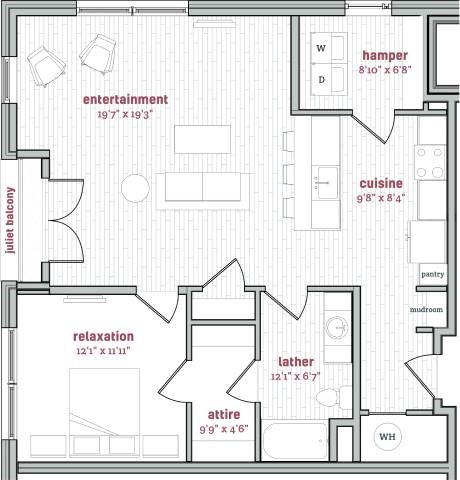 Floor plan for 1 bed, 1 bath, 1034 sqft