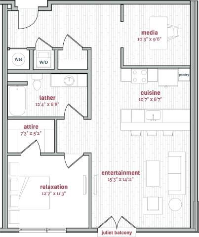 Floor plan for 1 bed, 1 bath, 1046 sqft