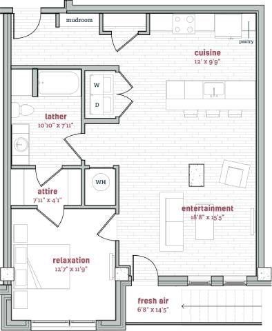 Floor plan for 1 bed, 1 bath, 1090 sqft