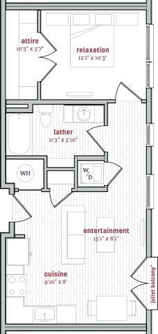 Floor plan for 1 bed, 1 bath, 622 sqft