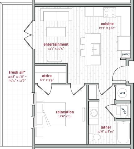 Floor plan for 1 bed, 1 bath, 630 sqft