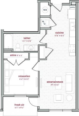 Floor plan for 1 bed, 1 bath, 690 sqft