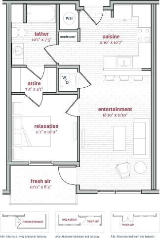 Floor plan for 1 bed, 1 bath, 715 sqft