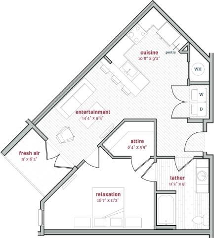 Floor plan for 1 bed, 1 bath, 740 sqft