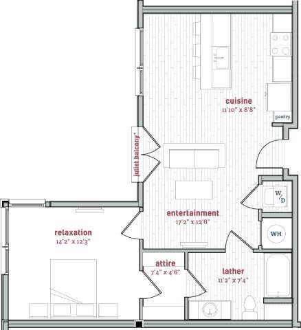 Floor plan for 1 bed, 1 bath, 770 sqft