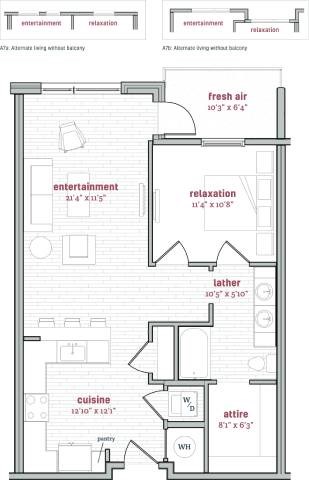 Floor plan for 1 bed, 1 bath, 805 sqft