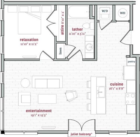 Floor plan for 1 bed, 1 bath, 840 sqft