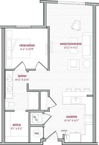 Floor plan for 1 bed, 1 bath, 903 sqft