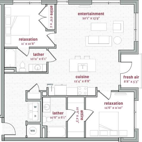 Floor plan for 2 beds, 2 baths, 1226 sqft
