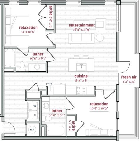 Floor plan for 2 beds, 2 baths, 1090 sqft