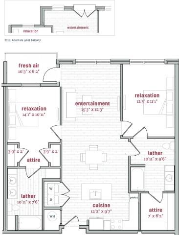 Floor plan for 2 beds, 2 baths, 1237 sqft