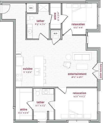 Floor plan for 2 beds, 2 baths, 1304 sqft