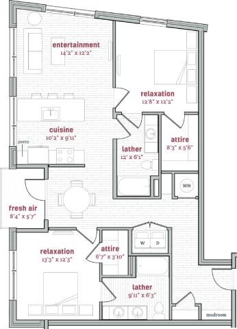 Floor plan for 2 beds, 2 baths, 1305 sqft