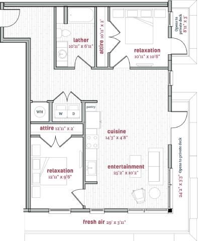 Floor plan for 2 beds, 1 bath, 1000 sqft