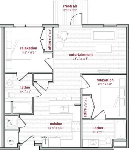 Floor plan for 2 beds, 2 baths, 1018 sqft