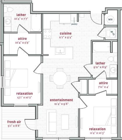 Floor plan for 2 beds, 2 baths, 1072 sqft