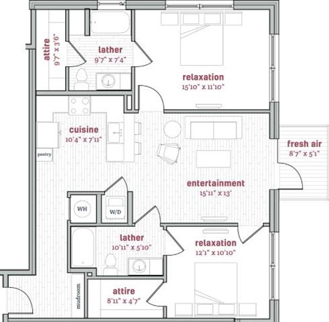 Floor plan for 2 beds, 2 baths, 1105 sqft