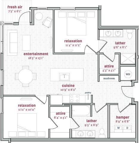 Floor plan for 2 beds, 2 baths, 1161 sqft