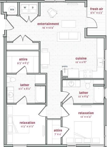 Floor plan for 2 beds, 2 baths, 1168 sqft