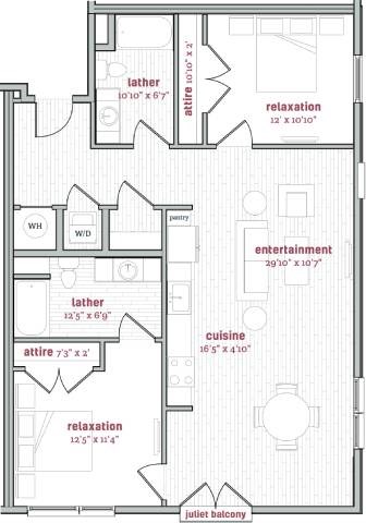 Floor plan for 2 beds, 2 baths, 1188 sqft