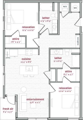Floor plan for 2 beds, 2 baths, 1202 sqft