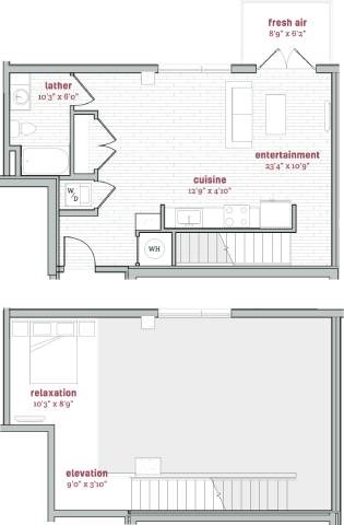 Floor plan for 1 bed, 1 bath, 770 sqft