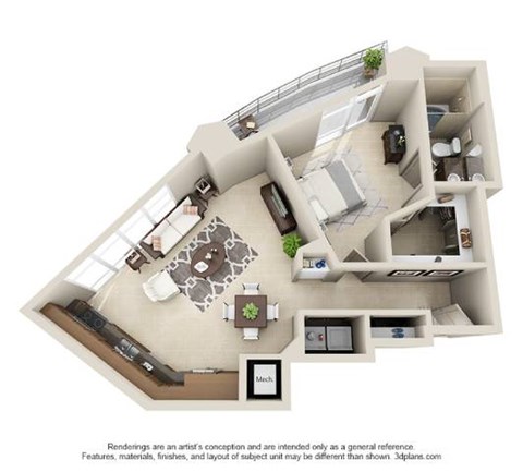 Floor plan for 1 bed, 1 bath, 919 sqft