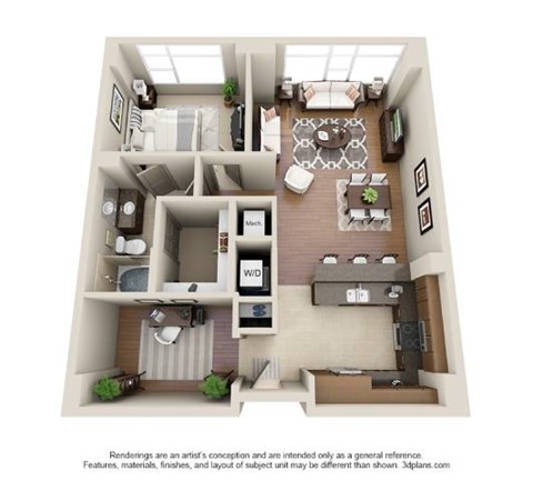 Floor plan for 1 bed, 1 bath, 962 sqft