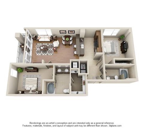 Floor plan for 2 beds, 2 baths, 1287 sqft