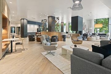 Seattle apartment for rent - A modern living room with a grey sofa and a wooden floor.