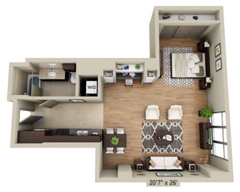 Floor plan for studio, 1 bath, 768 sqft