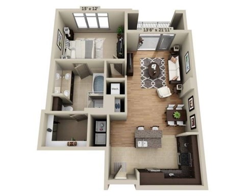 Floor plan for 1 bed, 1 bath, 1032 sqft