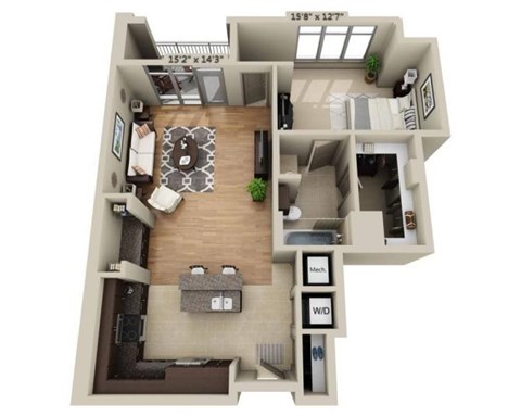 Floor plan for 1 bed, 1 bath, 1046 sqft