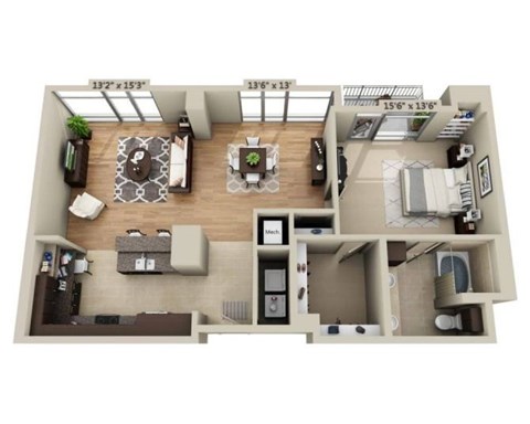 Floor plan for 1 bed, 1 bath, 1219 sqft